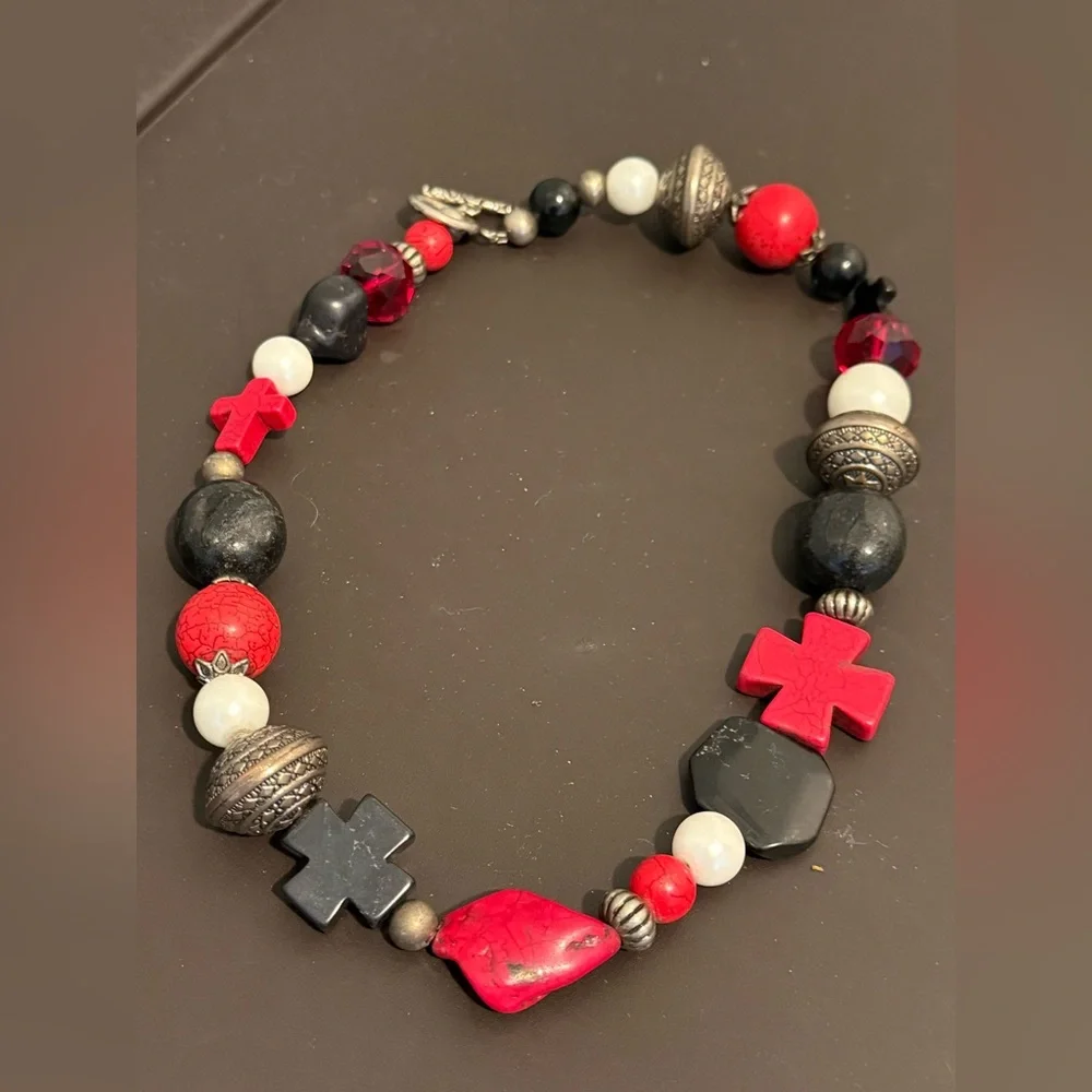 handmade bohemian-style red, black, and silver stone and metal beaded necklace